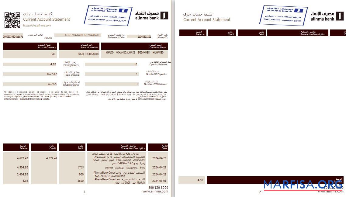 Printable Saudi Arabia Alinma bank statement 3 – 6 months word 2 pages real example